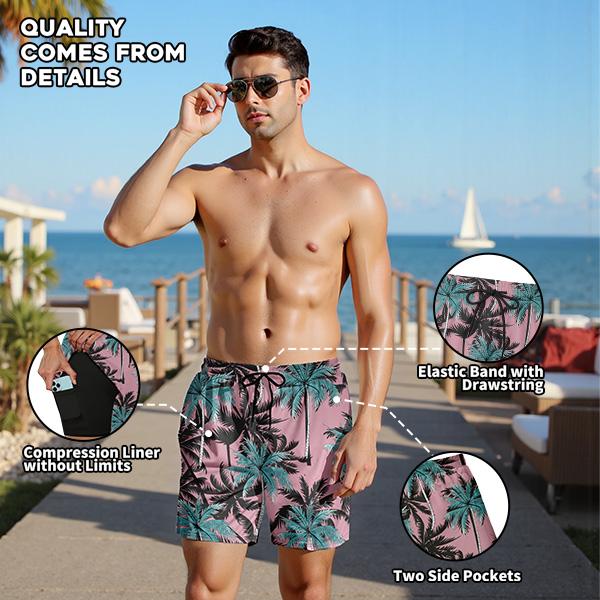 Buauty Mens Swim Trunks with Compression Liner 5 Inch Inseam Swim Shorts Quick Dry Mens Swimsuit Board Shorts with Pockets