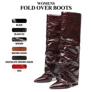 CYNLLIO Knee High Boots for Women Elegant Pointed Toe Chunky Block Heel Fold Over Slouchy Wide Calf Boot Pull On Trendy Fashionable Tall Shark Boot Spring Shoes for Women Valentine Gifts