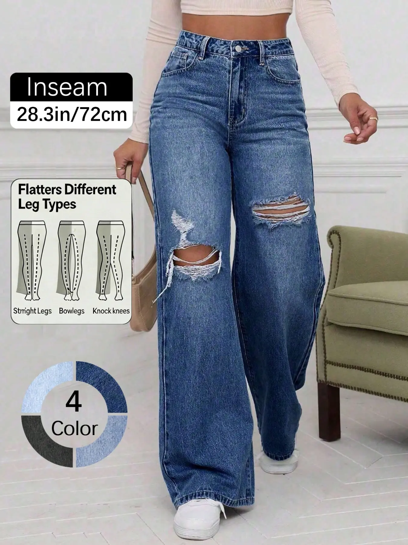 High-Waisted Ripped Jeans, Casual Distressed, Loose-Fitting Button Fly Dark Wash Denim Jeans, Mid Waist Floor-Length Casual Basic Style, All-Season Streetwear Baggy Pants Womenswear
