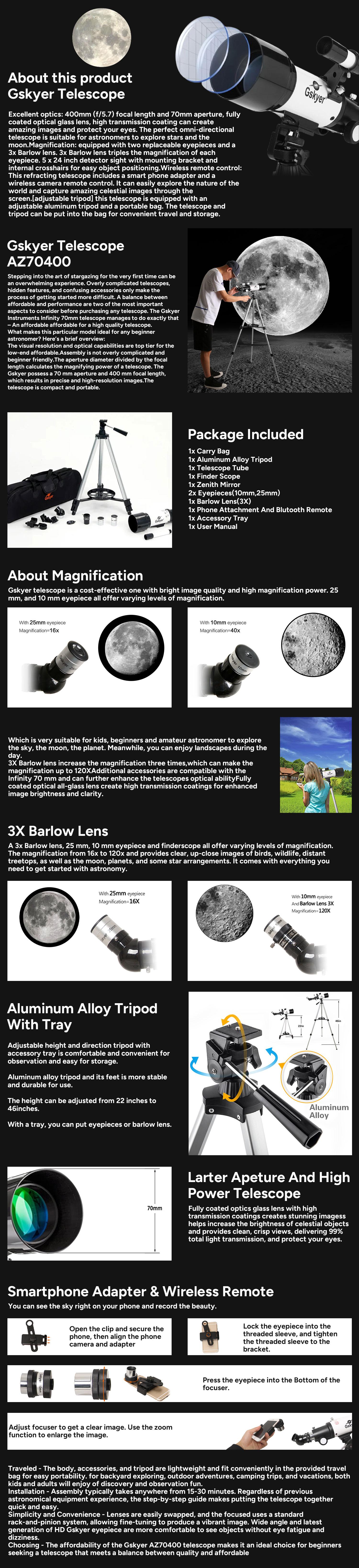 Gskyer Telescope - 70mm Aperture 400mm AZ Mount Astronomical Refracting Telescope for  Beginers kids telescope gskyer70400 SummerGift