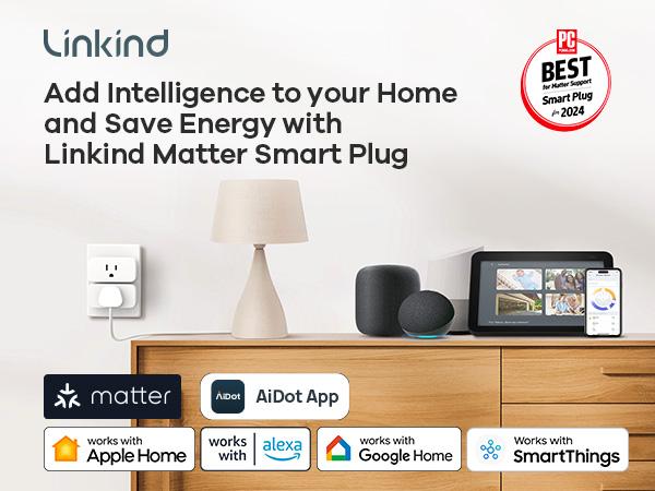 Linkind Matter Smart Plug, Work with Apple Home, Siri, Alexa, Google, SmartThings, Smart Outlet 15A/1800W Max, Smart Home Automation, APP Remote Control,Timer&Schedule, 2.4G Wi-Fi Only, 2 Pack