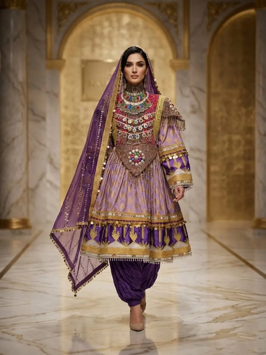 Women's Modest Traditional Afghan 3-Piece Dress Set - Handmade Embroidered Ethnic Gown, Loose Comfortable Pants, Matching Scarf with Mirror Accessories for Eid Festivals, Elegance, Statement Clothes, Outfits, Flared Fabric