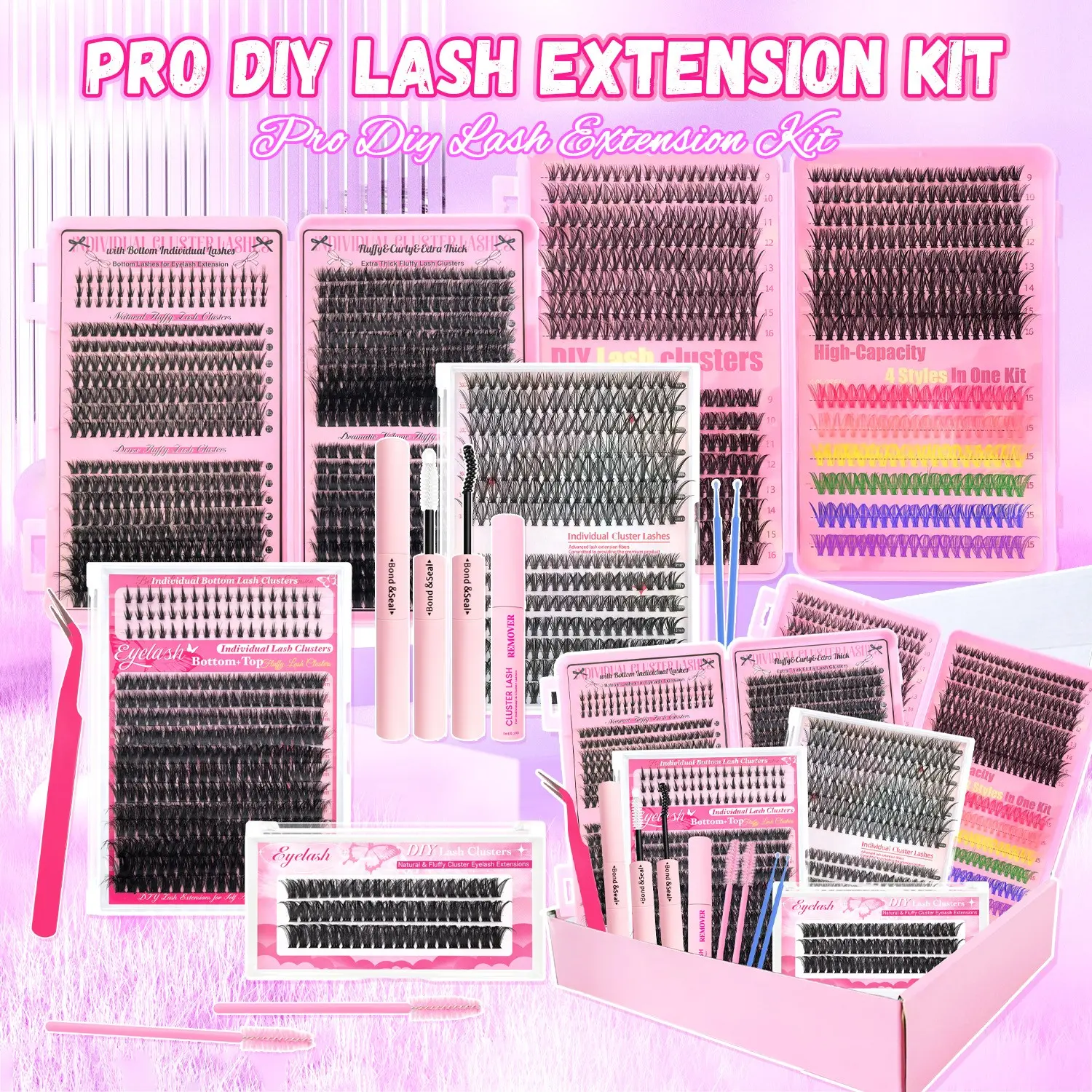 Mixed-Length Individual False Eyelash Kit - DIY False Eyelashes - Natural-Look DIY Eyelash Extensions Set with Glue, Lash Bond & Seal, Remover, Tweezers, Brush, Headbands & Wristbands - Self-Application Curled Lashes for Eye Makeup