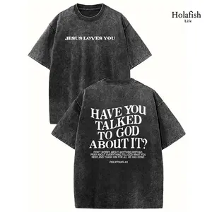 Holafish Women's Jesus Love Me Statement Tee Acid Washed Heavy Cotton Short Sleeve Double Print Christian Inspirational Top Summer Vintage