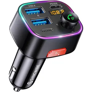 Syncwire Bluetooth 5.4 FM Transmitter Car Adapter 48W (PD 36W & 12W) [Light Switch] [HiFi Bass Sound] [Fast Charging] Wireless Radio Music Adapter LED Display Hands-Free Calling Support USB Drive