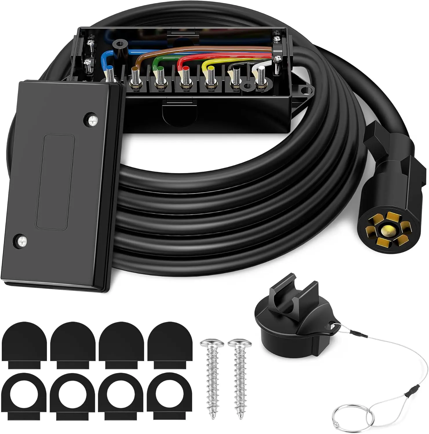 8ft 7 Way Trailer Plug Cord with 7 Gang Junction Box, 7 Pin Trailer Wiring Harness, Heavy Duty 7-Pin Trailer Cord Wire Cable with Waterproof Junction Box
