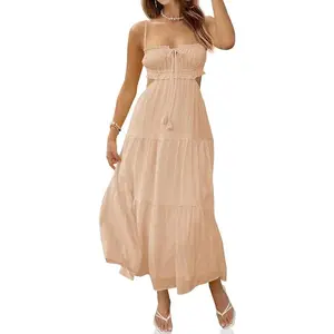 Wenrine Women's Spaghetti Strap Maxi Dress Summer Sleeveless Side Cut Out Dress Casual Boho Backless Flowy Long Dresses