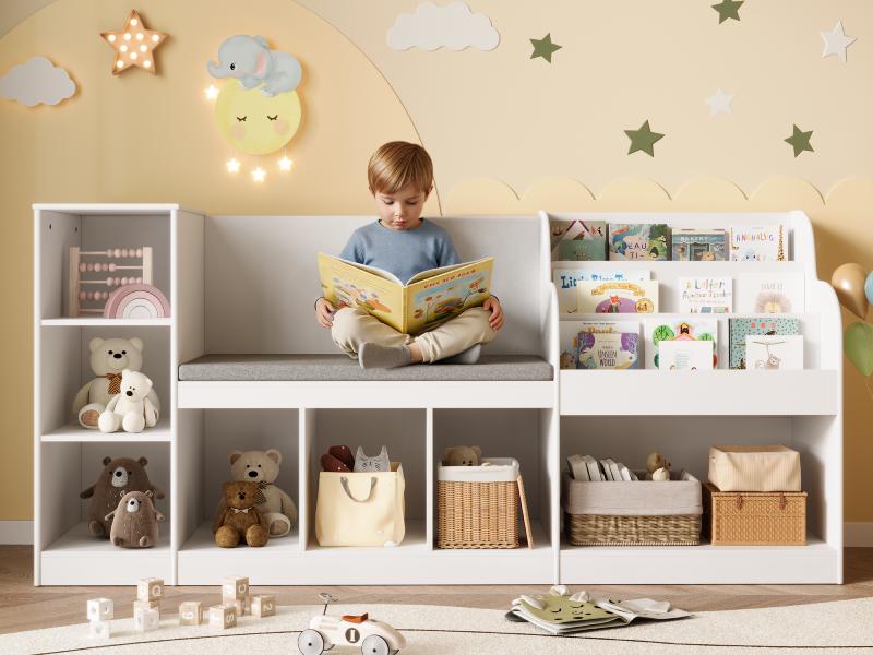 Gizoon 67" Kids Toy Storage Cabinet and Bookcase with Bench and 7 Open Shelves Toy Chest Shelf Organizer with Anti-Tip Design & Rounded Corners for Playroom Bedroom Nursery Kids Room