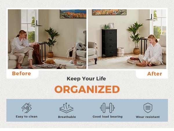 Sweet Furniture S - Dresser for Bedroom, Storage Drawers, Skinny Fabric Storage Tower with 4 Drawers