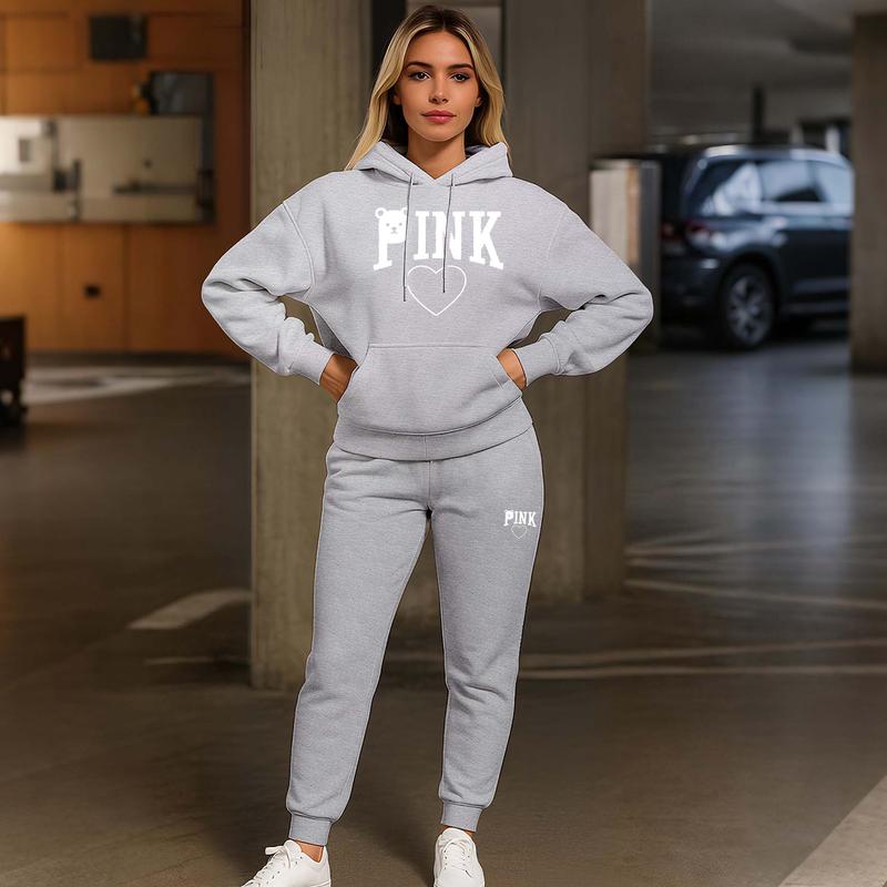 Women's Bear Pink Print Hoodie And Drawstring Track Pants Set, Casual Sportswear, Long-Sleeved Hooded Jacket And Pants, Suitable For Autumn And Winter, Everyday Wear, Indoor And Outdoor Sportswear, Casual Sportswear.