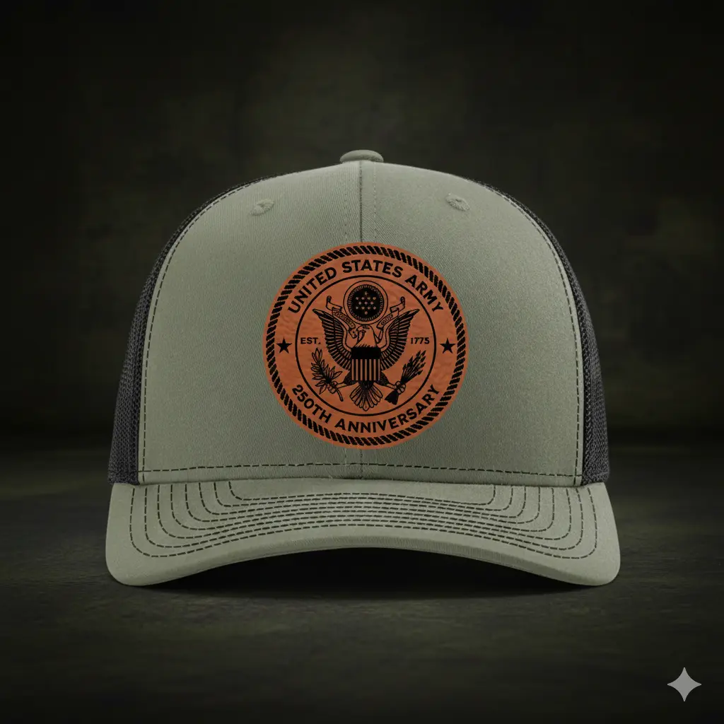 US Army 250th Anniversary Hat – 1775–2025 Leather Patch Trucker Cap – United States Army Commemorative Snapback