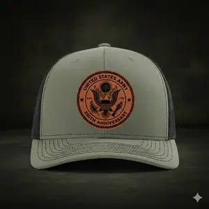 US Army 250th Anniversary Hat – 1775–2025 Leather Patch Trucker Cap – United States Army Commemorative Snapback