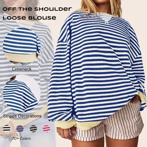 【Plus Size】Imily Bela Womens  Striped Oversized Sweatshirt Color Block Crew Neck Long Sleeve Shirt Casual Loose Pullover Top Y2K Clothes