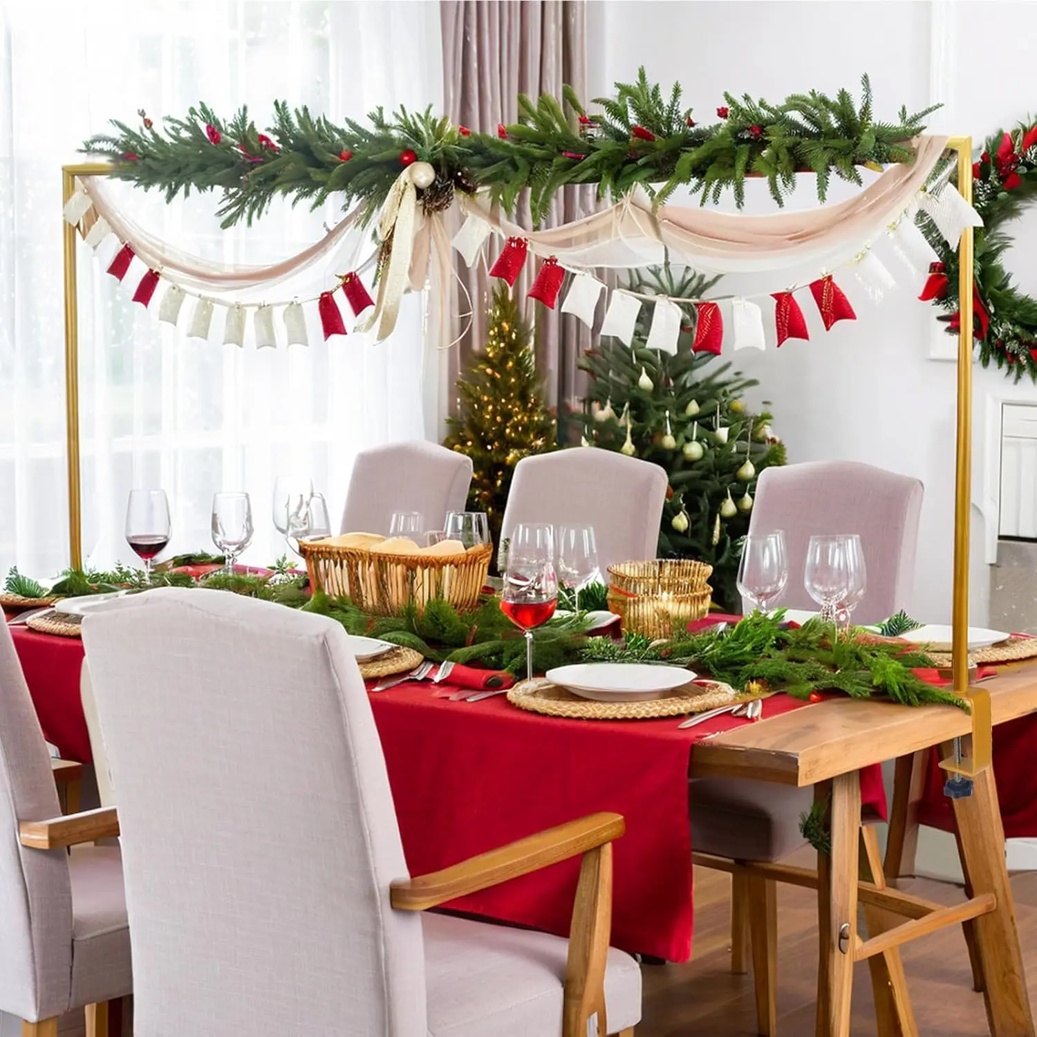 Stable Gold Metal Over-The-Table Backdrop Support Rod Stand - Smooth Finish, Adjustable Clamps, 47"-98" Length, 30"-43" Height, Hanger for Backdrops, Banners, Ornaments, Fairy Decor for Weddings, Birthday Camera Setup Displays