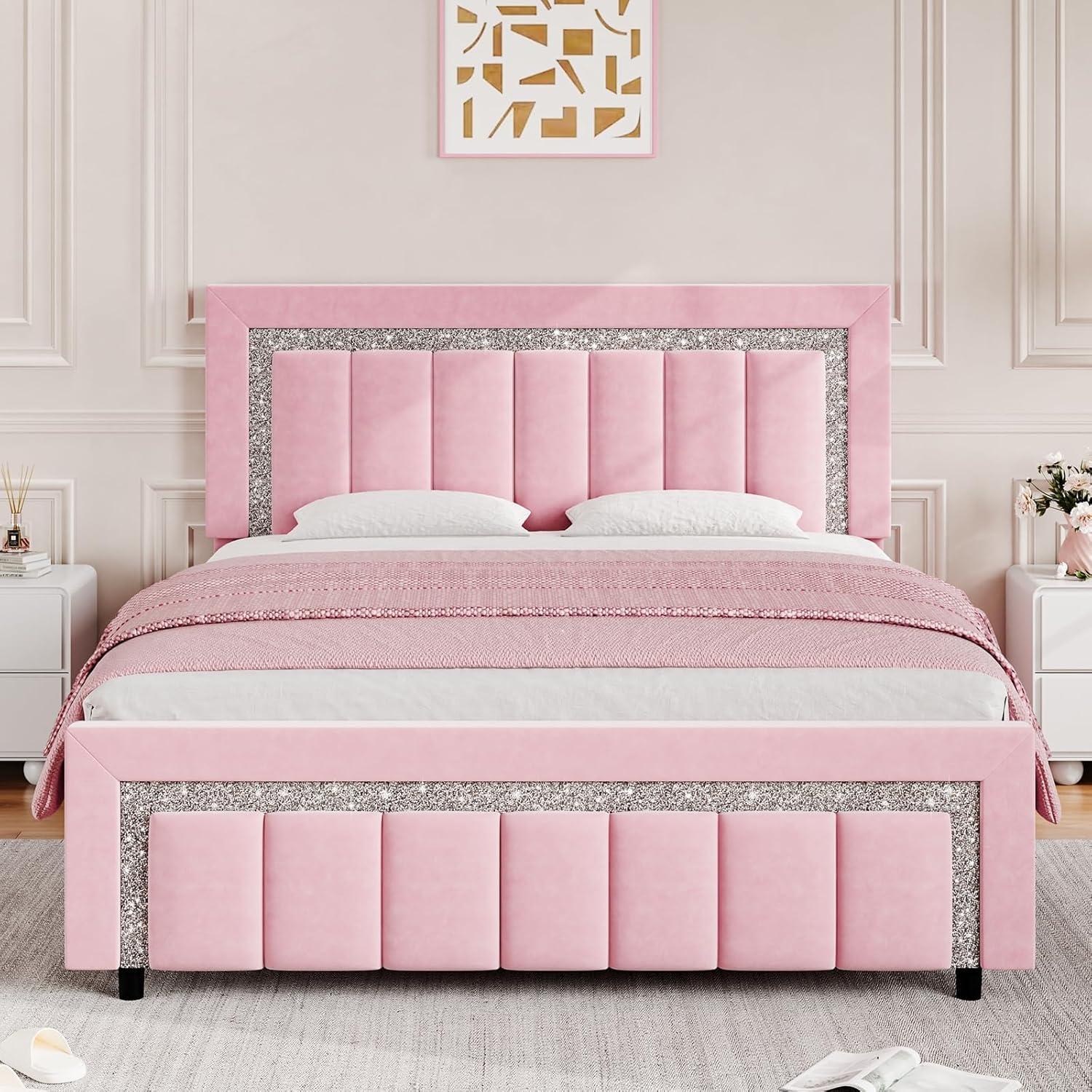 HOMBCK Bed Frame, No Mattress, Velvet Upholstered, Diamond Headboard, Vertical Channel Tufted Headboard, No Box Spring Needed, Easy Assembly