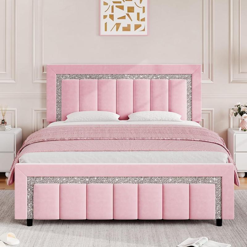 HOMBCK Bed Frame, No Mattress, Velvet Upholstered, Diamond Headboard, Vertical Channel Tufted Headboard, No Box Spring Needed, Easy Assembly