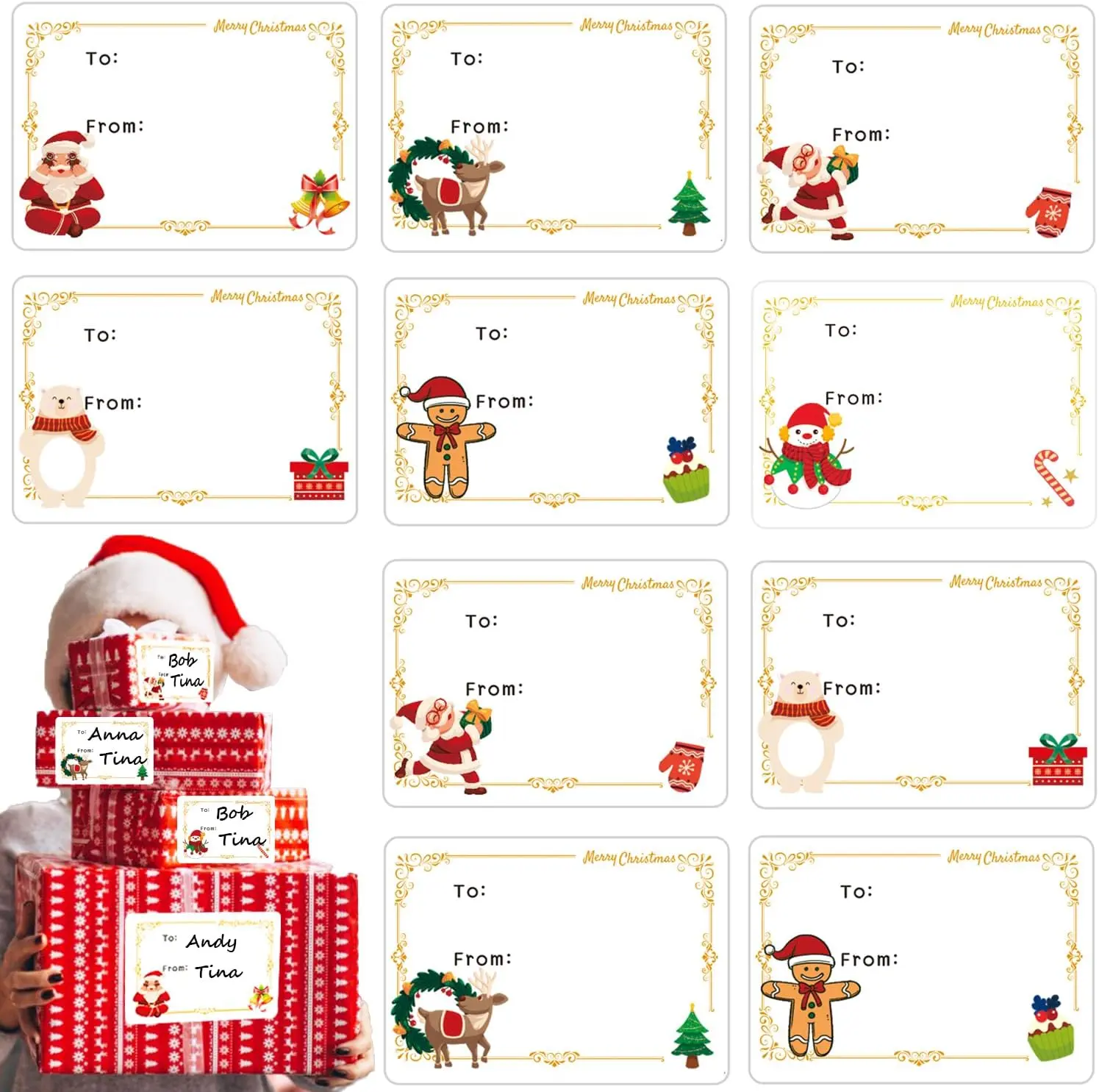 150 Pcs Christmas Tags, Self Adhesive Xmas Gift Tags Christmas Labels Stickers Christmas Name Labels for Present Party Bags Cards Envelope