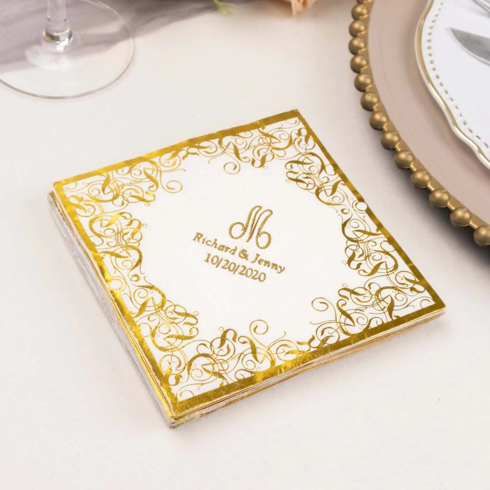 3-Ply High Quality Disposable Folded Elegant Napkins, 100-Pack White Party Supplies with Foil Lace Design, Printable Personalized Monogram Custom Initial Napkins for Weddings