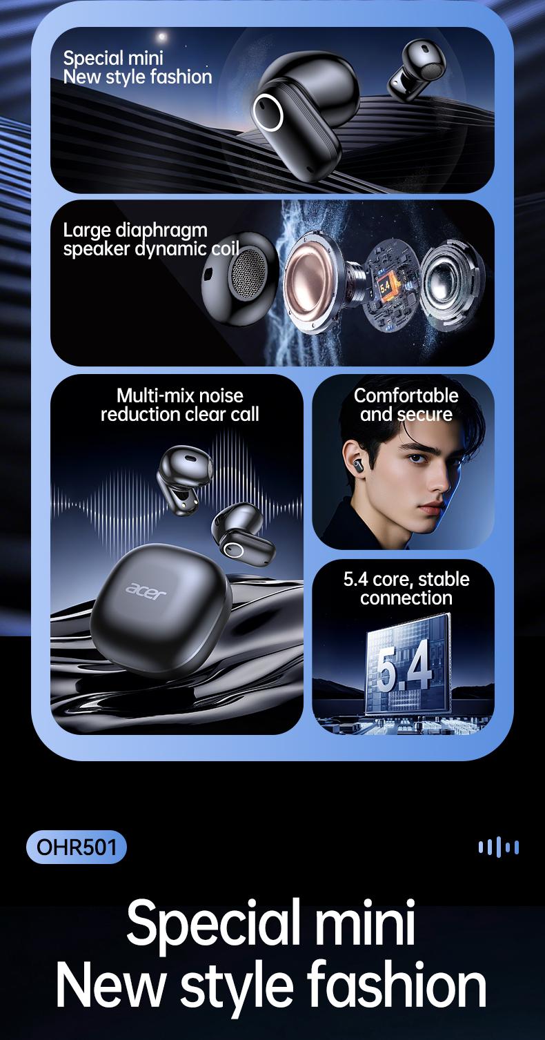 Acer OHR501 Wireless Audio Earbuds, Semi-in-ear Design Noise Cancelling Headphones, Powerful Customized Sound, Headset for Commute, Sports Electronic Clear Call Beige