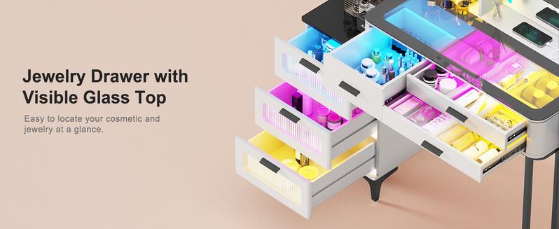 MIU Vanity with Mirror and LED Lights, Glass Top Vanity Desk with Charging Station(Wireless+USB+Type-C), RGB Makeup Table Set with Stool/Makeup Organizer/6 Drawers MIU Vanity with Mirror and LED Lights, Glass Top Vanity Desk with Charging Station(Wireless+USB+Type-C), RGB Makeup Table Set with Stool/Makeup Organizer/6 Drawers