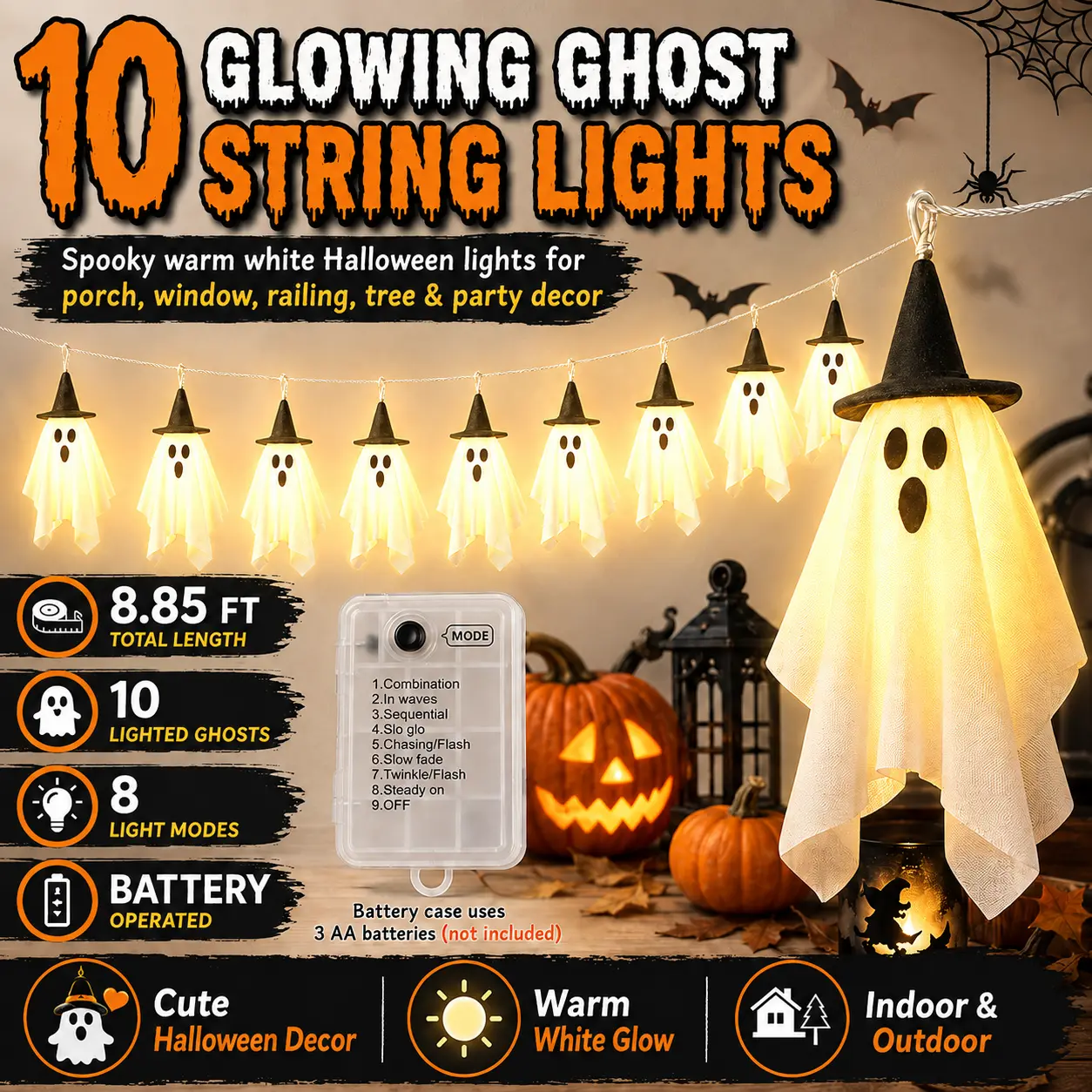 Halloween Ghost String Lights, 10 Lighted Hanging Ghosts with Witch Hats, 8.85 ft Battery Operated Warm White LED Garland for Porch Window Railing Tree Party Decor