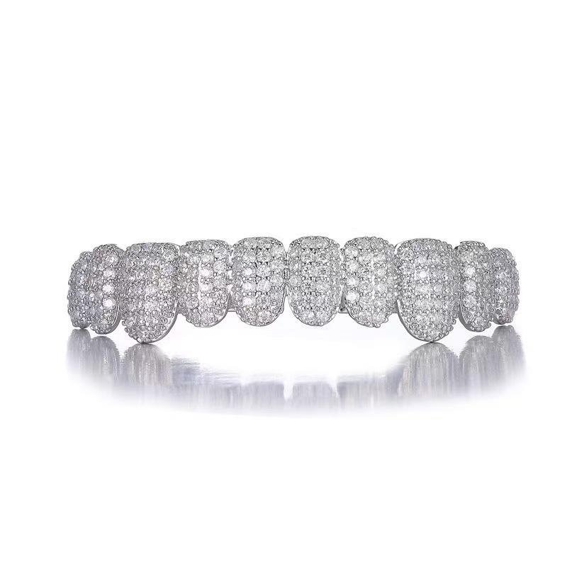 Diamond Grillz unisex 8-Tooth Micro-Paved Zircon Full Coverage Iced Out Luxury Statement Hip Hop Party Nightclub Performance