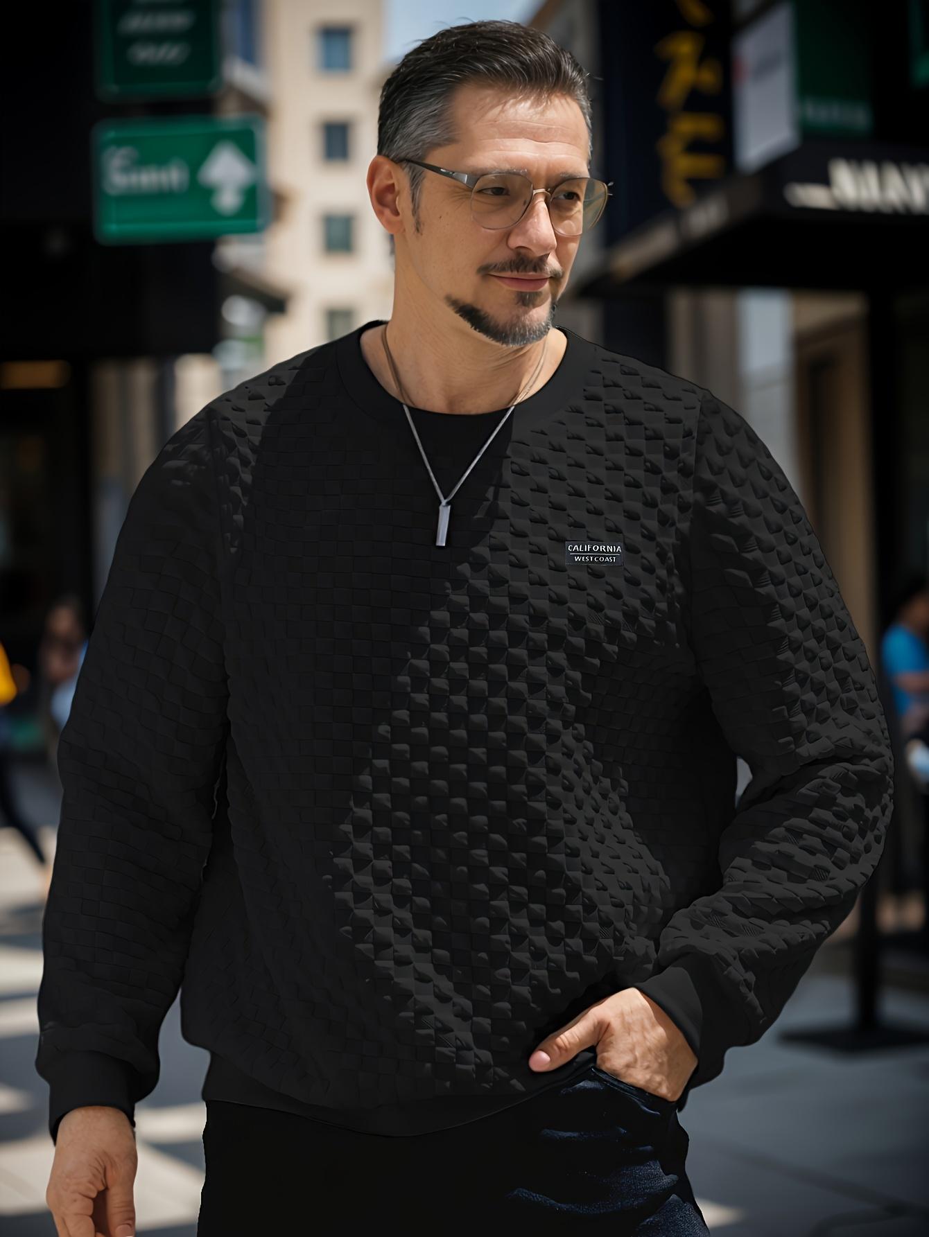 Men's fashionable checkered pattern long sleeved round neck sports shirt, made of 100% polyester knitted fabric, casual regular style, moderate elasticity, solid color cut with printed details, weighing 8.47 ounces per square meter. X