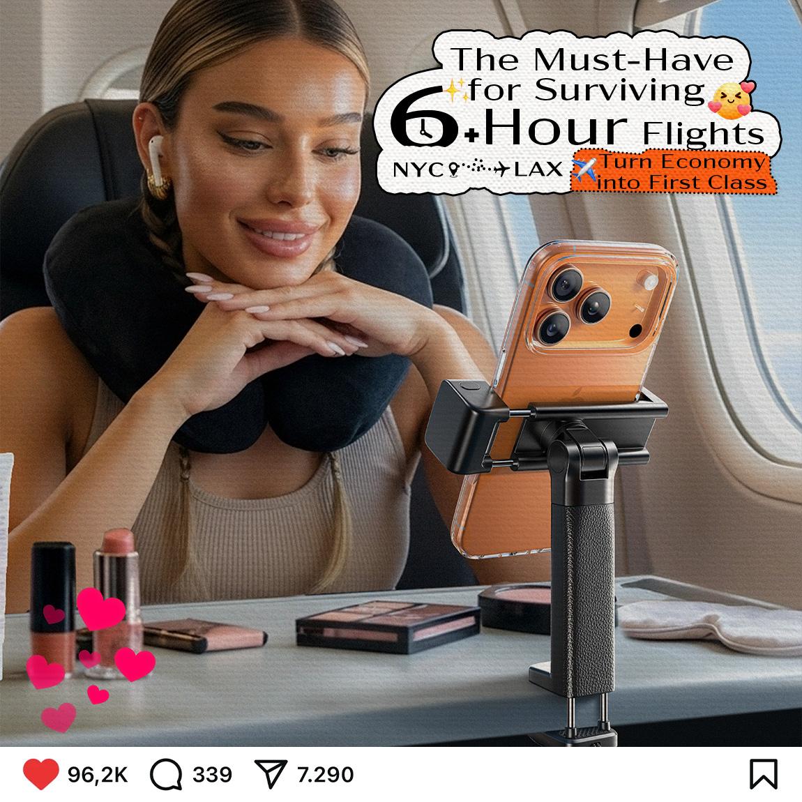 Lisen phone stand foldable travel stand with beauty light, 360-degree rotation axis, fixed bracket and lanyard, suitable for desks, airplanes, suitcases, cruise ships and outdoor use