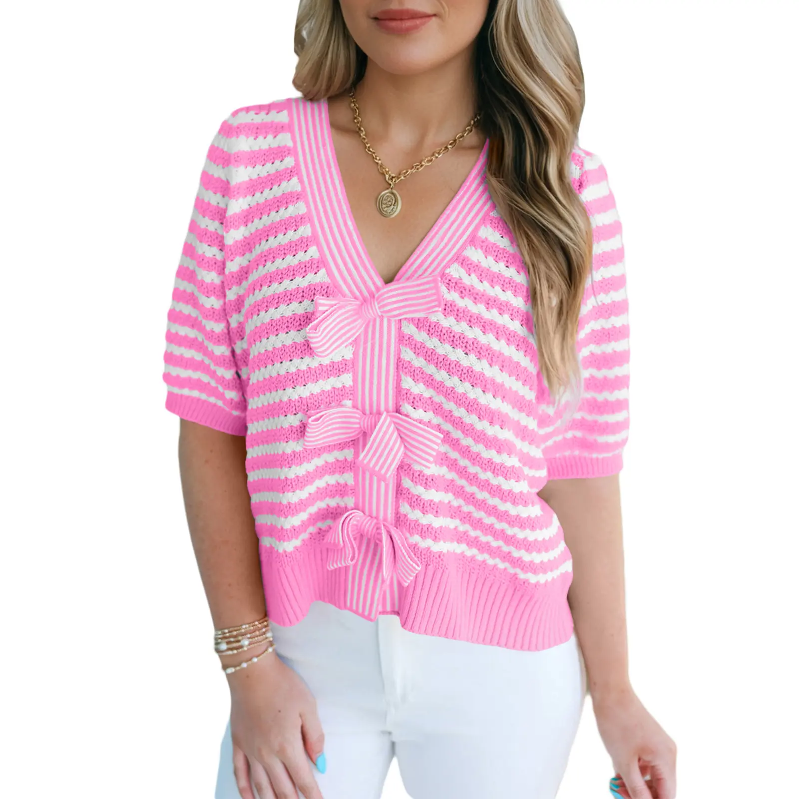 Asvivid Women's Striped Knit Sweater, Feminine V-Neck Short Sleeve Top with Bow Knot Tie for Everyday Wear, Fabric, Knitwear