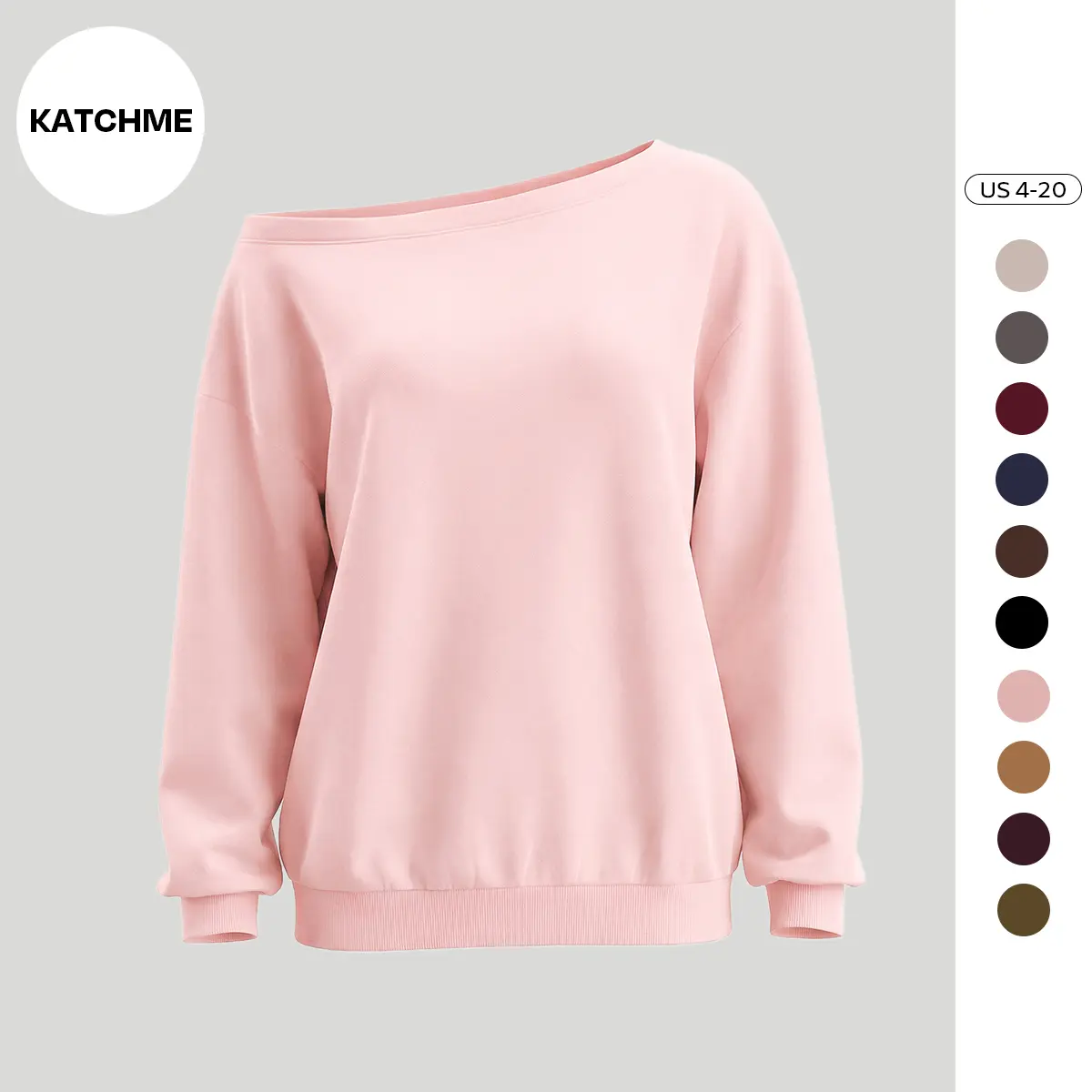 KatchMe Vibrant Solid Color Sloping Shoulder Long Sleeve Top, Cozy Plus Size Scoop Neck Loose Womenswear, Breathable Curvy Friendly Going Out Outfit