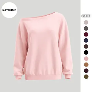 KatchMe Vibrant Solid Color Sloping Shoulder Long Sleeve Top, Cozy Plus Size Scoop Neck Loose Womenswear, Breathable Curvy Friendly Going Out Outfit