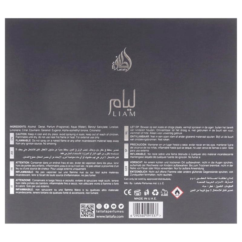 Lattafa Liam Grey Eau de Parfum Spray for Unisex, 3.4 Ounce