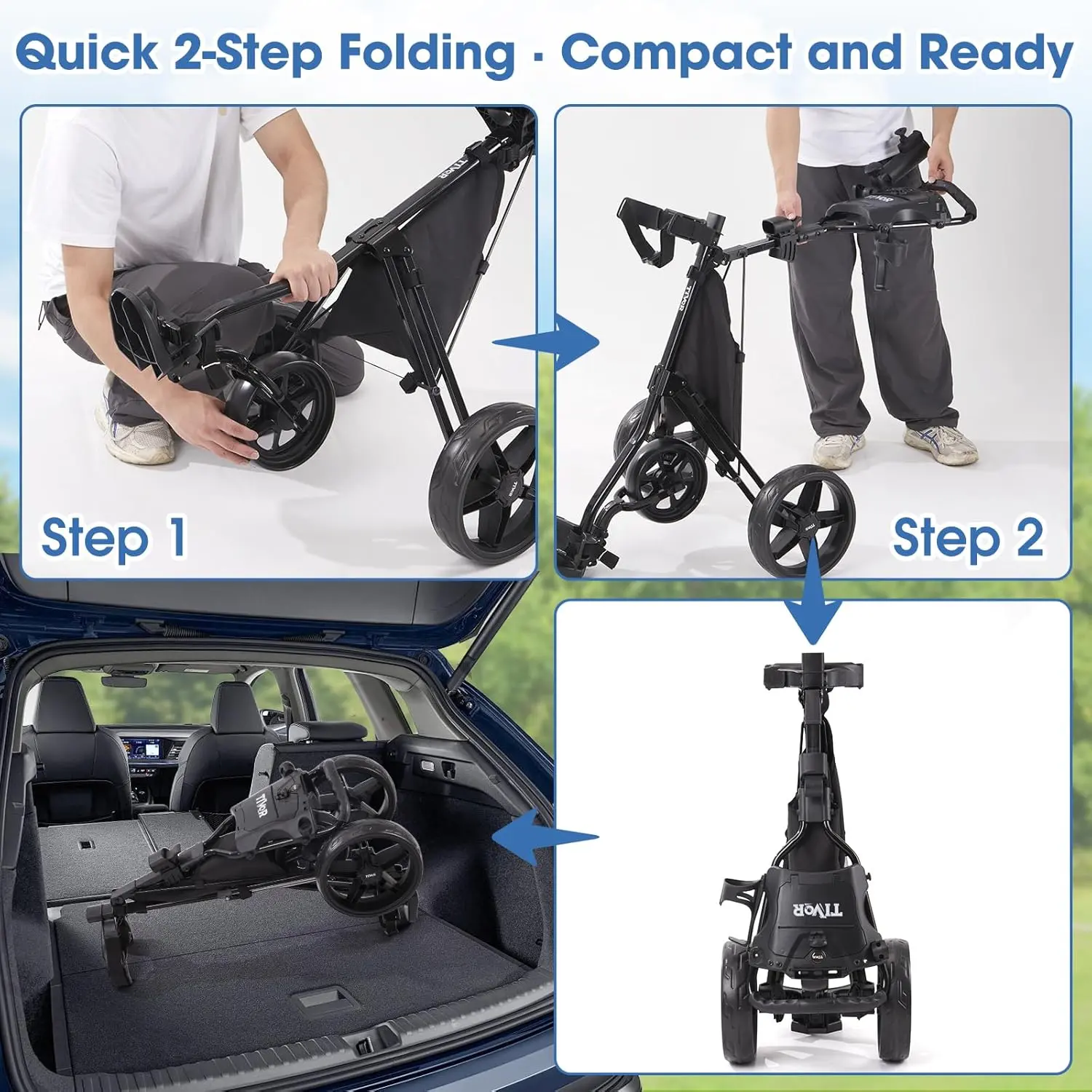 Tivor 3-Wheel Golf Push Cart – Lightweight, Compact Quad-Fold