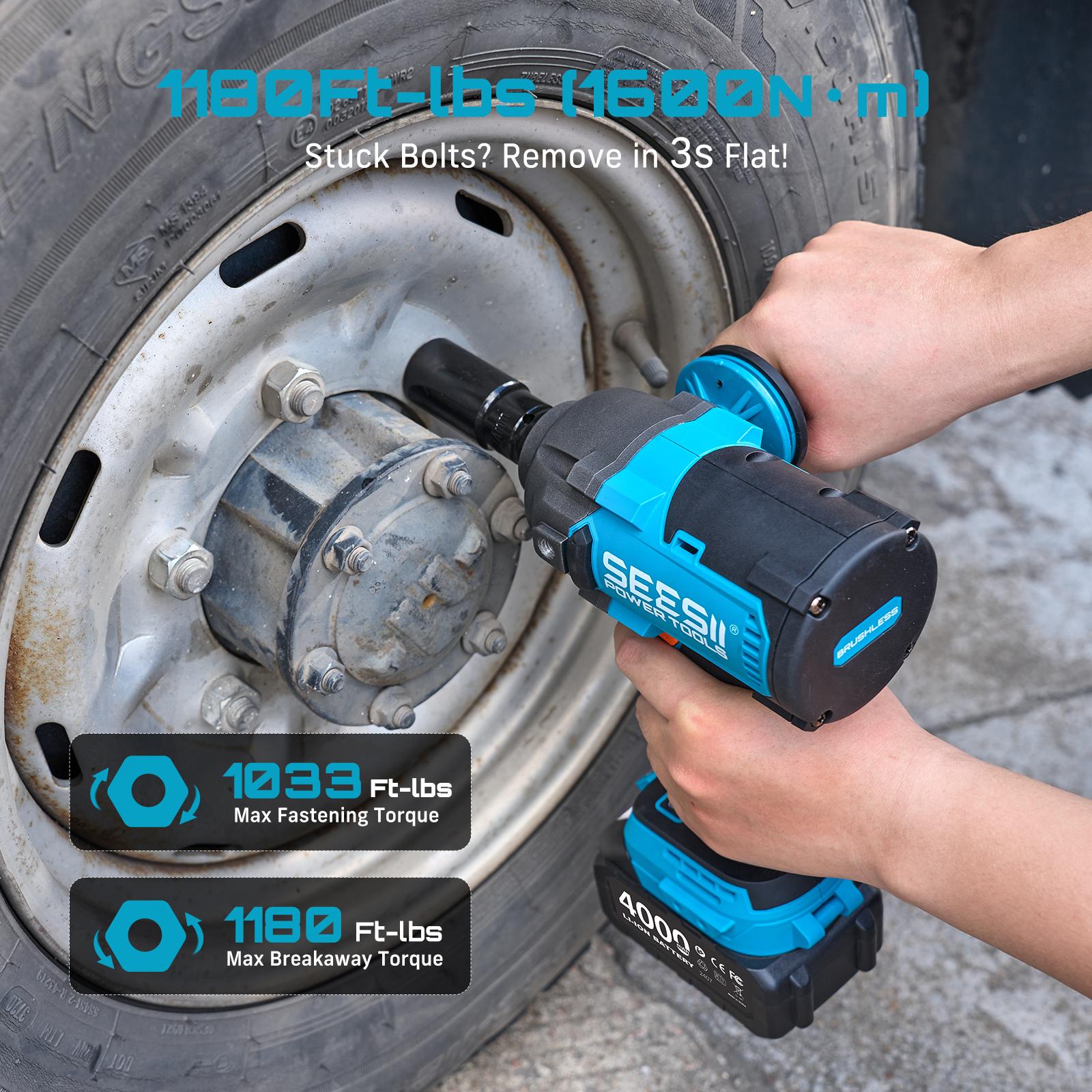 SEESII Upgraded Electric Impact Wrench w/ Detachable Handle - 1180 Ft-lbs (1600 N·m) 1/2" High-Torque, 21V Cordless + 2x 4.0Ah Batteries | for Car/Truck/Mower/Industrial Tasks, Black Friday Deals