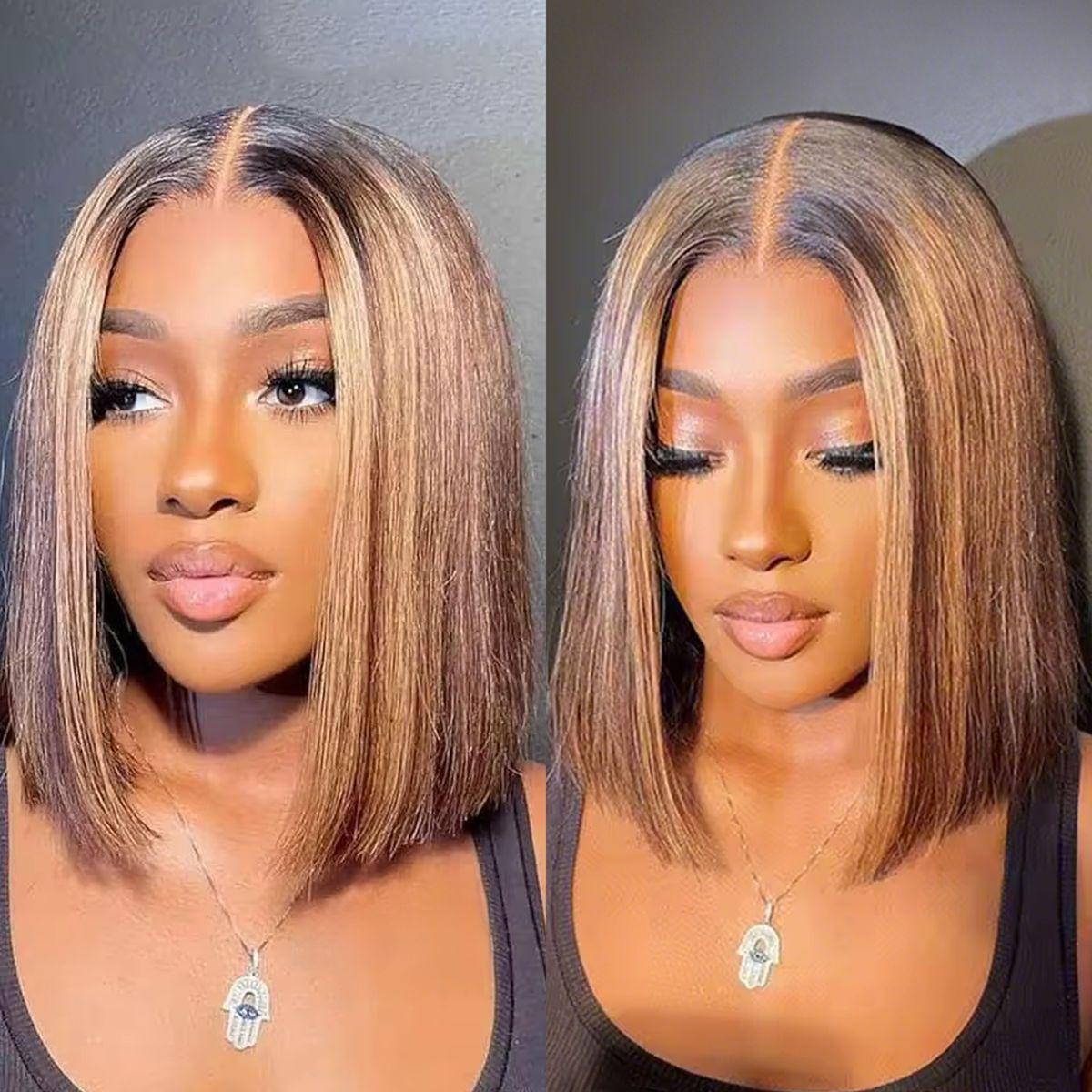 Human Hair Wigs  4/27 Honey Blonde Highlight Ombre Bob Wig Human Hair Highlight Ombre 4x4 HD Lace Front Pre Plucked 180 Density Short Bob Wigs for Women Glueless 10 Inch
