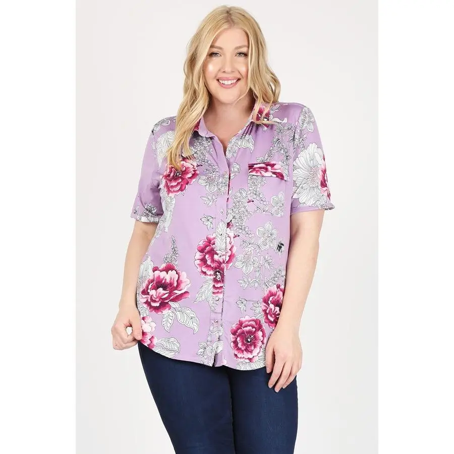 Plus size Printed button-down Blouse top 83002PX-Lavender