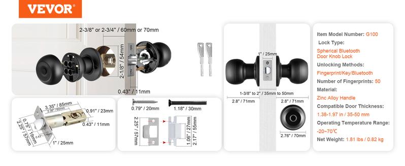 VEVOR Smart Door Knob, TikTokShopBlackFriday, Biometric Door Lock Bluetooth Smart Lock, Fingerprint Smart Lock with APP Control, Easy Installation Door Lock, for Home Bedrooms, Cloakroom, Hotels, Apartments Offices