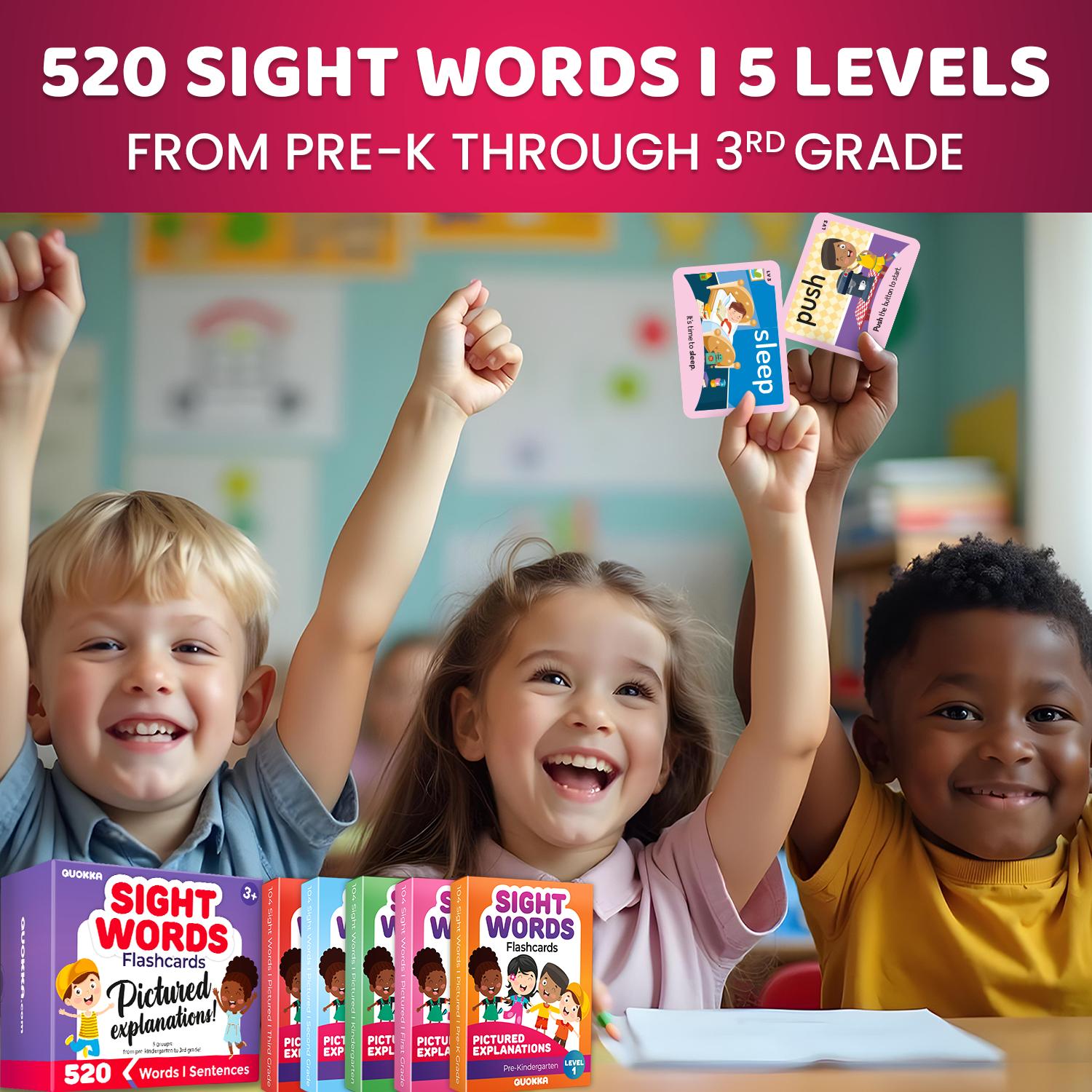 QUOKKA 520 Sight Words Flash Cards for Kids Ages 4-8, Vocabulary Flashcards with Images & Sentences, Visual Learning Educational Toy, Kids Learning Materials