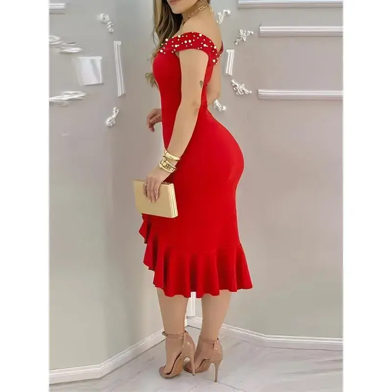 Elegant Red off-the-Shoulder Beaded Ruffles Dress-Polyester Fiber and Spandex Blend, Furcal Lower Hem, Perfect Events and Parties Formal Elegant Red off-the-Shoulder Beaded Ruffles Dress-Polyester Fiber and Spandex Blend, Furcal Lower Hem, Perfect Events and Parties Formal
