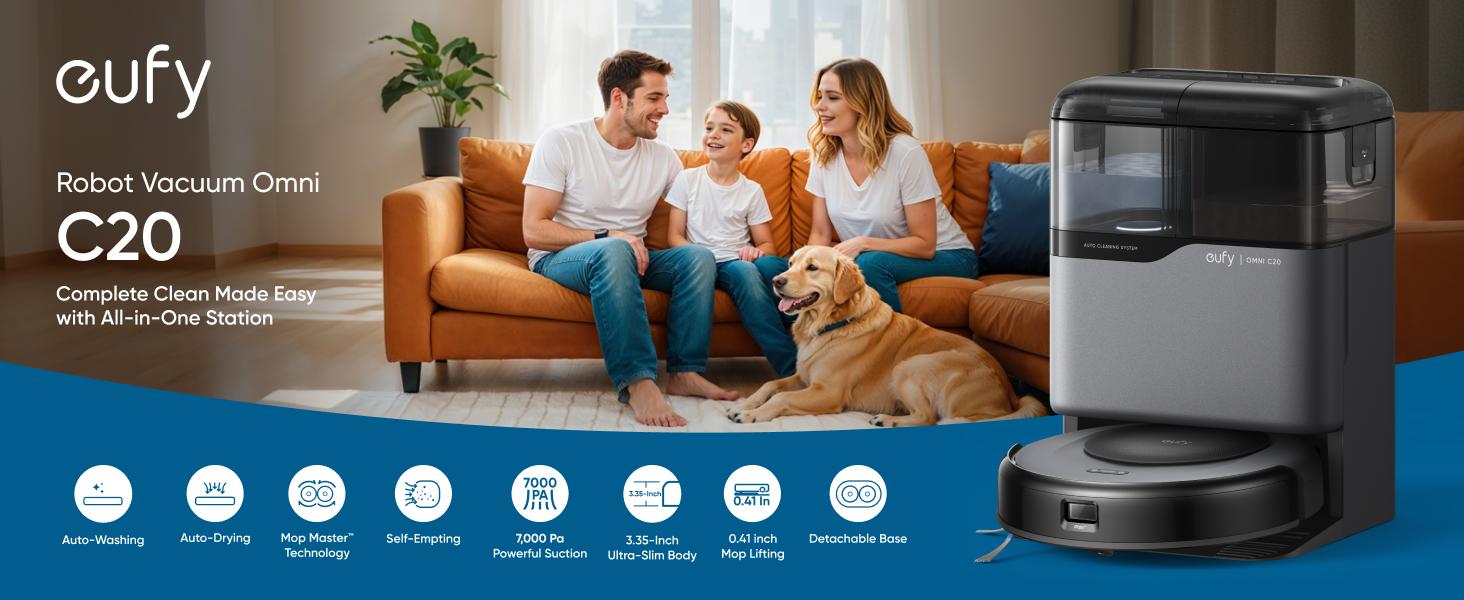 [LIVE-ONLY] eufy C20 Omni Robot Vacuum, Robot Vacuum and Mop Combo, Self Emptying, Auto Mop Washing and Auto Drying for hands-free cleaning, 3.35-Inch Ultra-Slim Body, 7000 Pa Powerful Suction, All-in-One Station｜Spingtok