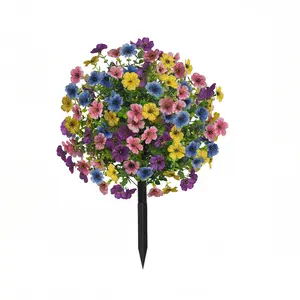 Decorative Rainbow Mix Fake Round Petunia Flower Ball Stake with Boxwood & Eucalyptus Leaves, Weatherproof Plastic Faux Plants, Outdoor Garden Porch Patio & Indoor Home Summer Ornament Accents
