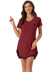 INSPIRE CHIC Women's Pajama Dress Lace Trim V-Neck Short Sleeves Lounge Nightgowns