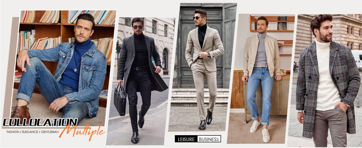 Coofandy Fall Outfits Men's Knitted Ribbed Turtleneck/High Neck Slim Fit Basic Sweater - Best Choice in Winter Casual Fabric Knitwear Menswear Soft Jacket Jeans Long Outdoor Pullover Suit   Long Sleeve Thick