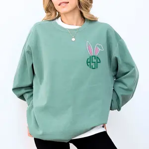 Monogrammed Bunny Ears T-Shirt or Sweatshirt, Custom Embroidered Easter Gift, Minimalist Spring Holiday Pullover, Custom Name Easter Outfit Sweater Gift for Women Friends Family