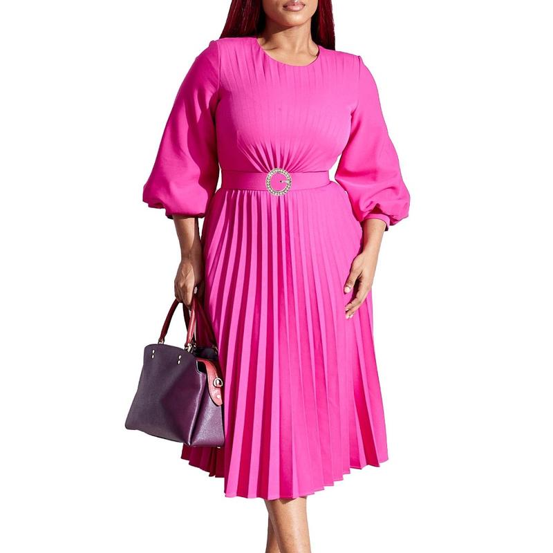 Women’s Pleated Midi Dress with 3/4 Puff Sleeves, Round Neck and Ring-Buckle Belted Waist, A-Line Silhouette with Back Keyhole — Elegant Choice for Work, Church & Wedding Guests