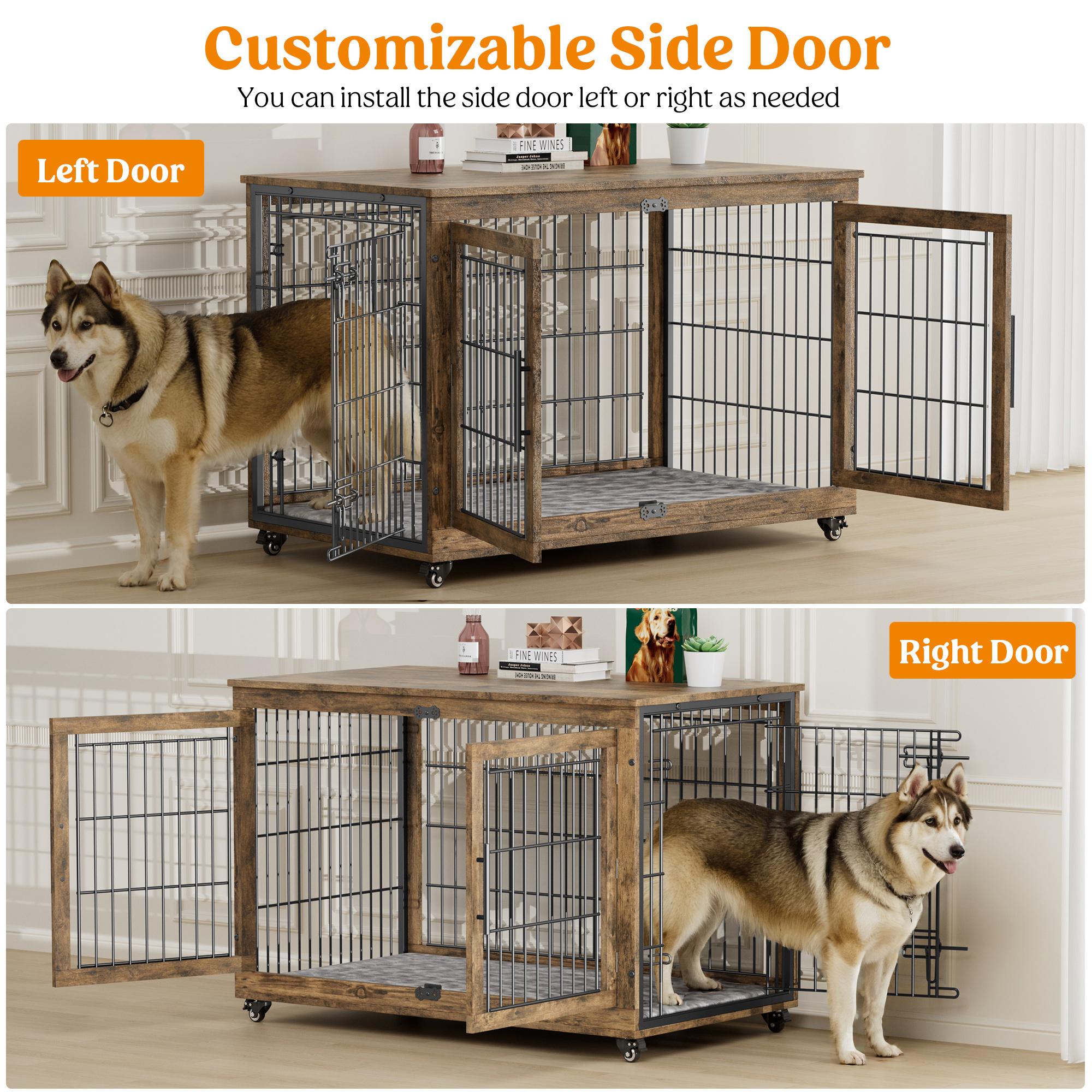Aowos Wooden Dog Crate Furniture, Stylish Dogs Kennel for Small to Extra Large, Double Door & A Cushion & 360° Wheel, Single Door & 2 Bowels, 27''/32''/38''/44'', Metal, Chew-Proof Design, Dog Cage Aowos Wooden Dog Crate Furniture, Stylish Dogs Kennel for Small to Extra Large, Double Door & A Cushion & 360° Wheel, Single Door & 2 Bowels, 27''/32''/38''/44'', Metal, Chew-Proof Design, Dog Cage
