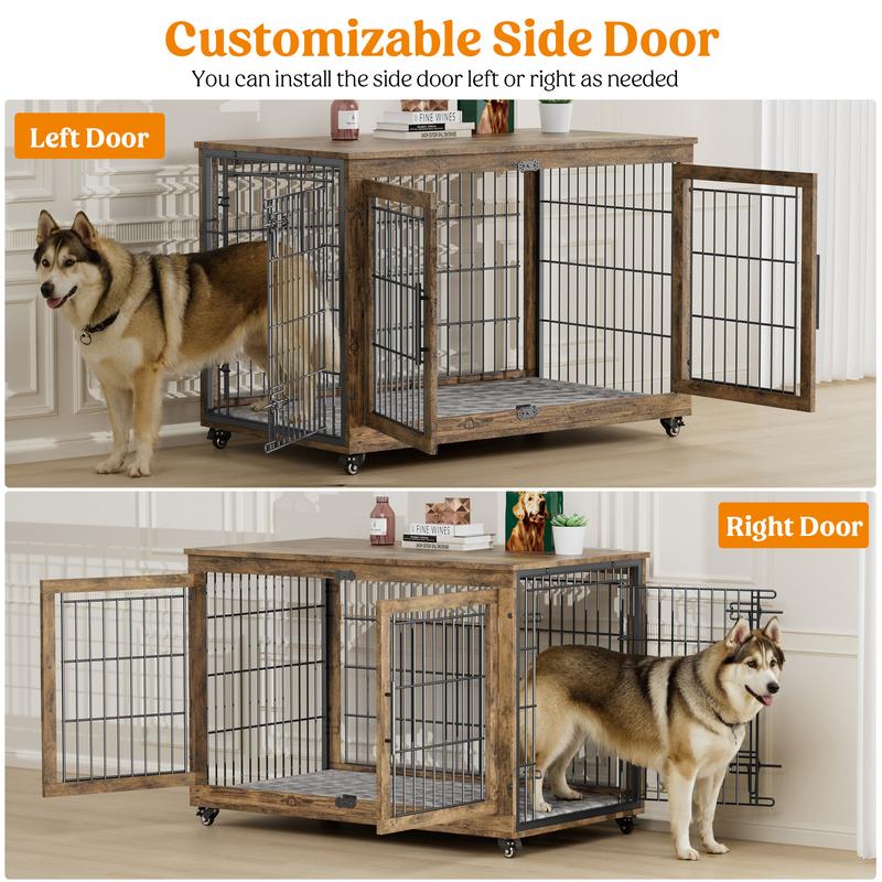 Aowos Wooden Dog Crate Furniture, Stylish Dogs Kennel for Small to Extra Large, Double Door & A Cushion & 360° Wheel, Single Door & 2 Bowels, 27''/32''/38''/44'', Metal, Chew-Proof Design, Dog Cage