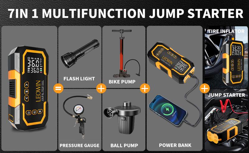 Jump Starter with Air Compressor, Battery Jumper Starter Portable(9.0 Gas/6.5L Diesel) with Tire Inflator, 12V Car Battery Jump Starter with Smart Jumper Cables, LED Light, LCD Display, Car Accessories Tools