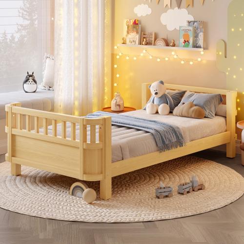 Bellemave Twin/Twin XL/Full/Queen Size Wood Platform Bed for Kids with Safety Guardrails Detachable Fence & Open Design for Co-Sleeping Floorbed