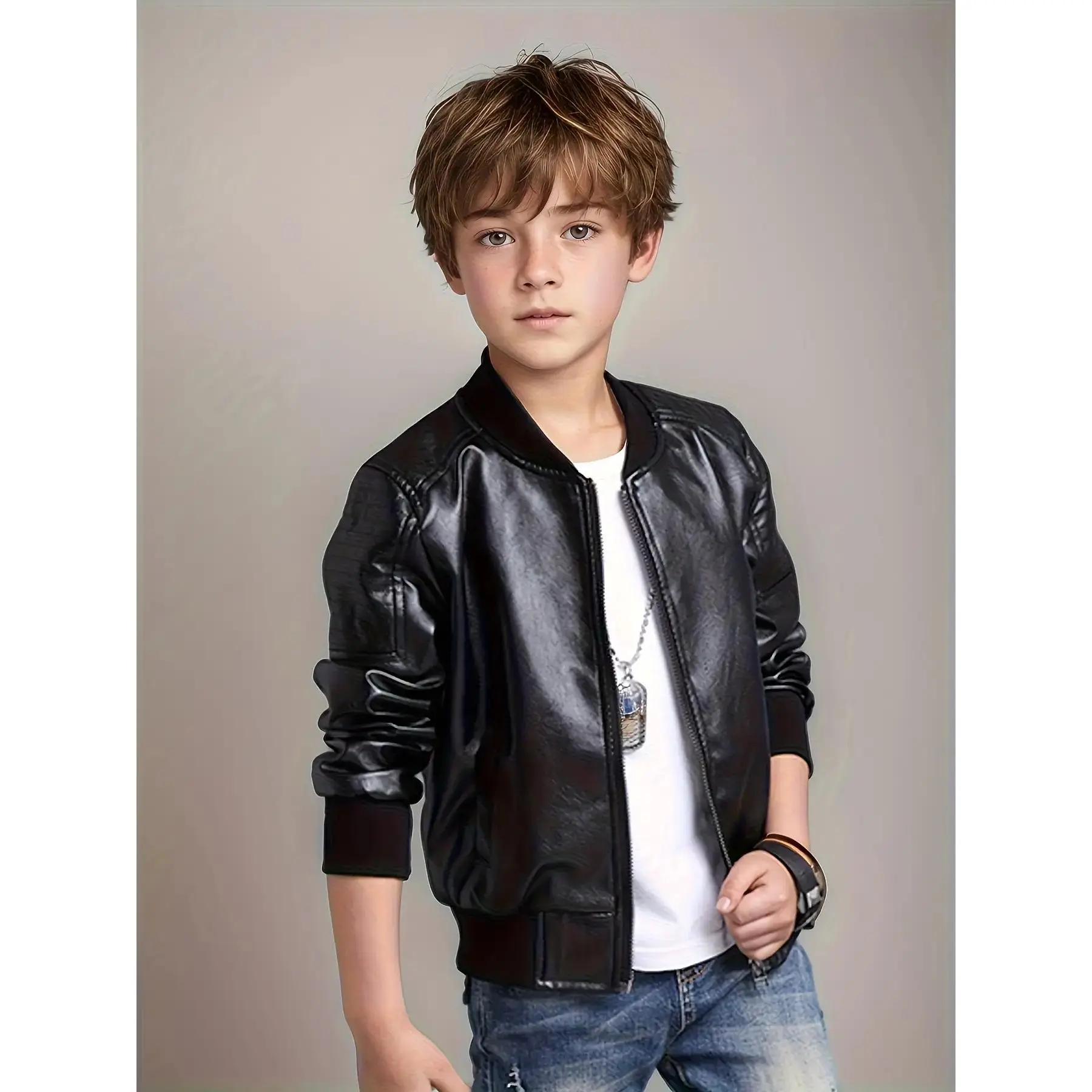 Boys' PU Leather Full-Zip Collared Neck Black Blazer - Machine-Washable Convenience Outerwear, All Seasons Casual & Formal Party Wear, Non-Iron Alternative, Plain, Versatility, Easy-Care Zipper Closure, Casual Outings